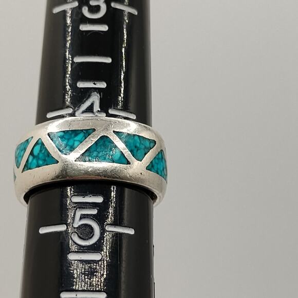 Turquoise Chip Inlay Sterling Silver Ring Size 4.25 - Picture 4 of 6